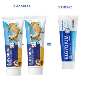 2 ELGYDIUM DENTIFRICE JUNIOR TUTTI FRUITTI Achete + ELGYDIUM JUNIOR BUBBLE 7/12 ANS 50 MLO ffert